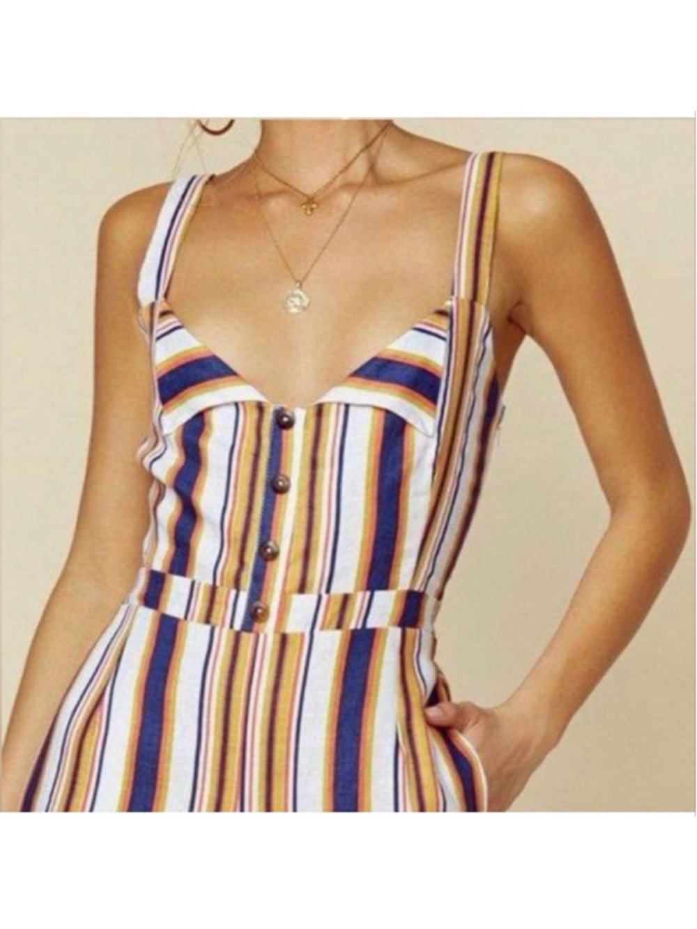 Faithfull The Brand Scout Jumpsuit Sz M Linen‎ Striped Sweetheart Smocked